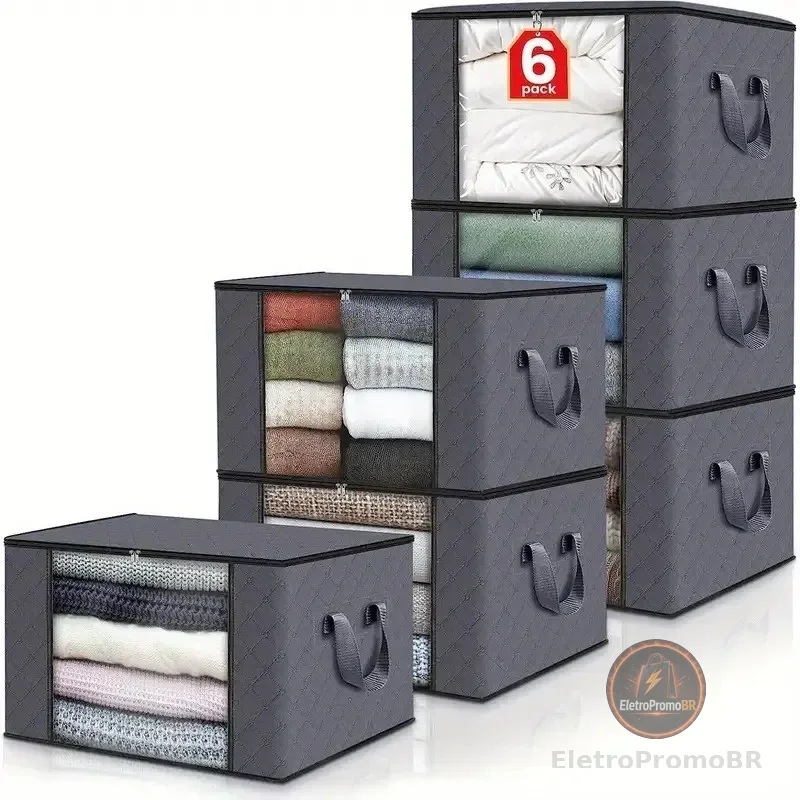 Kit6 Saco Organizador Guarda Roupa Dobrável Edredom Cobertor Cinza-escuro