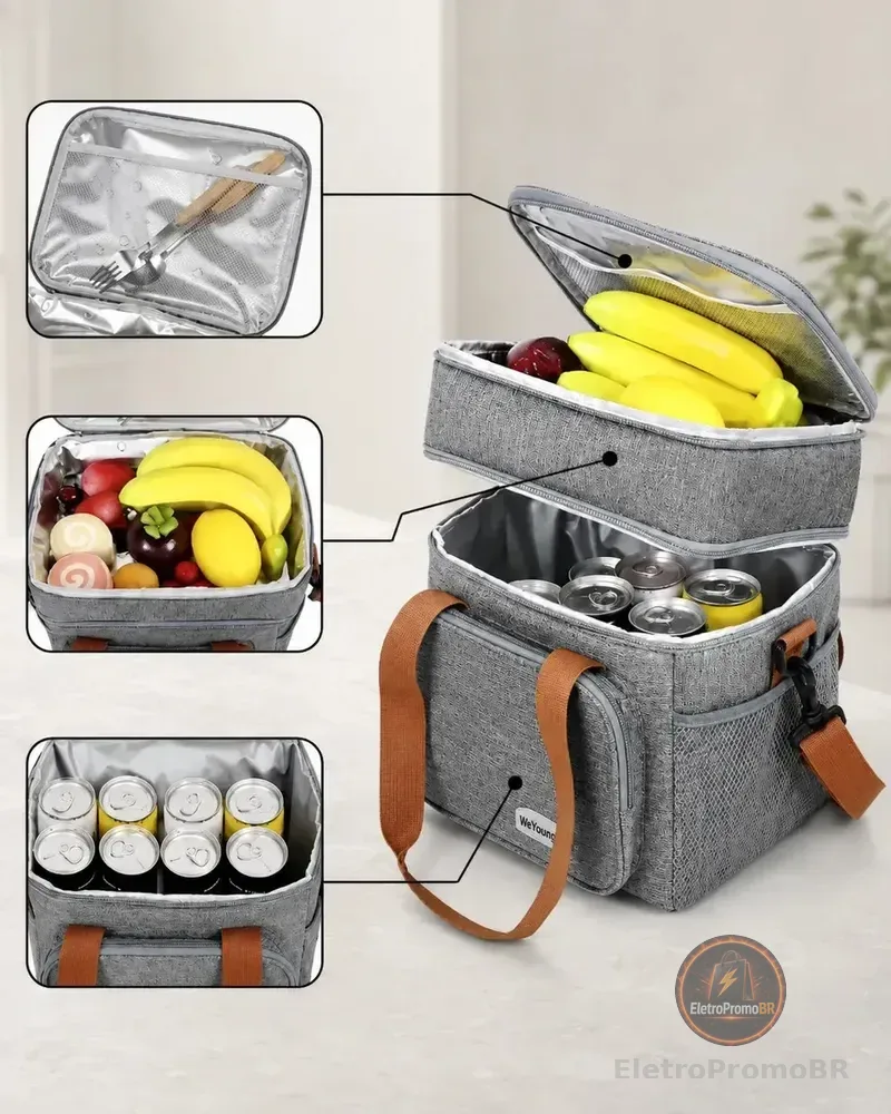 Bolsa Térmica Lancheira Marmita Grande Impermeável Cooler Para Bebidas Comidas Jogos Copa Passeio Férias Academia Trabalho Escola Marca Lemon Shark Cor Cinza
