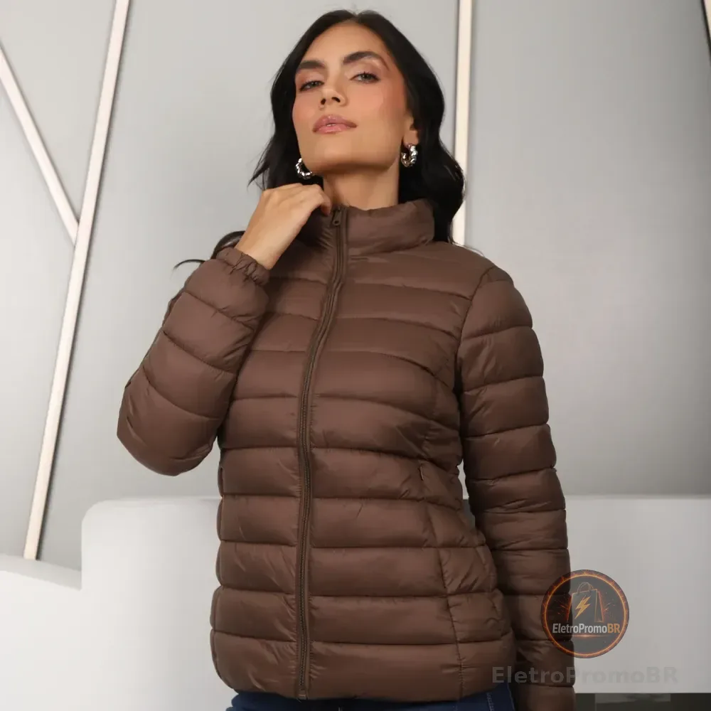 Jaqueta Feminina Bobojaco Nylon Gola Alta Forrada Sem Capuz Marrom G