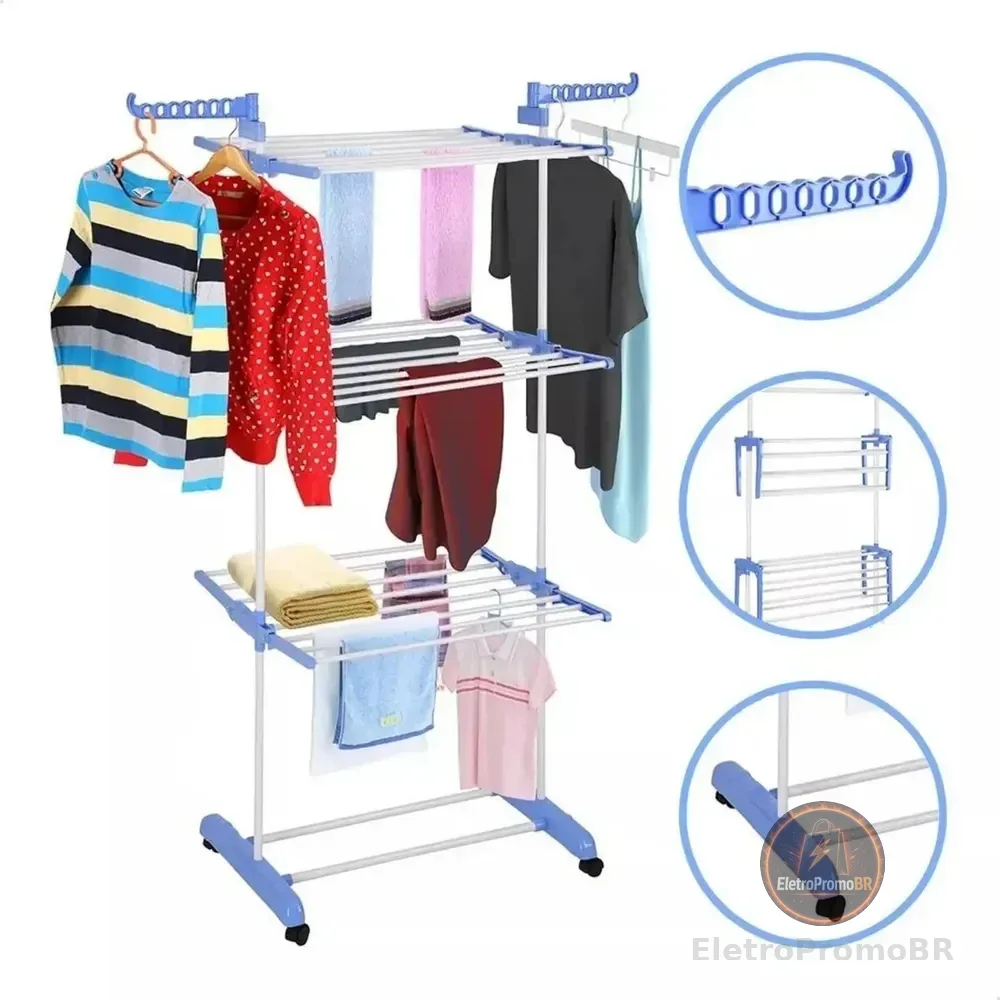 Varal De Chão Grande De Roupas 3 Andares Dobrável Cor Azul Kontuz 170 cm