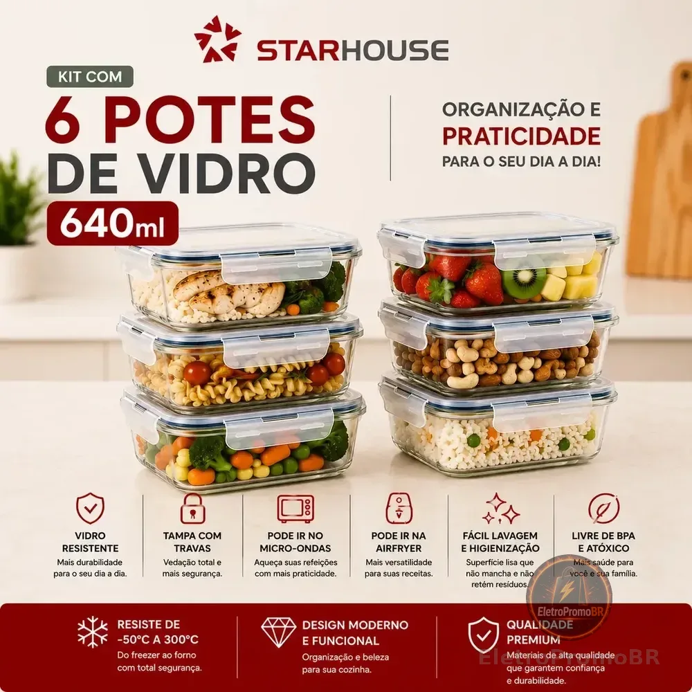Kit 6 Potes 640ml Vidro Hermético 4 Travas Marmita Refratario Star House com 4 travas de super vedação