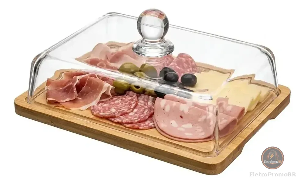 Porta Frios Base Bambu / Tampa Vidro Premium Organizador Transparente
