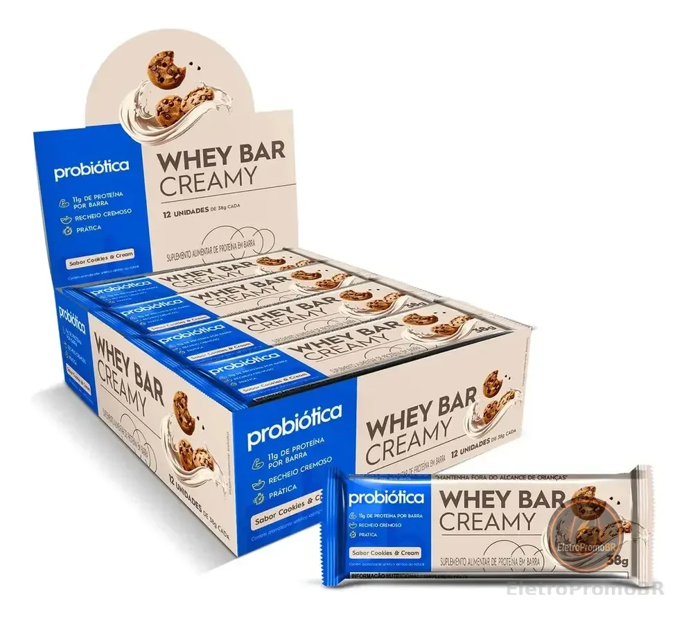 Barra de Proteína 12 Unidades Whey Bar Creamy Probiótica Sabor Cookies and Cream Alto Proteico