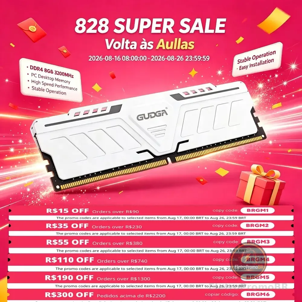 ‌ Memória GUDGA DDR4 3200MHz/3600MHz/2666MHz 8GB/16GB/32GB DIMM de 288 Pinos para Desktop com Dissipador de Calor de Alumínio