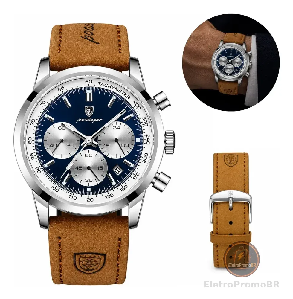 Relogio Poedagar Luxo Pulseira Em Couro 921 Masculino Caixa Marrom-claro Prateado Azul