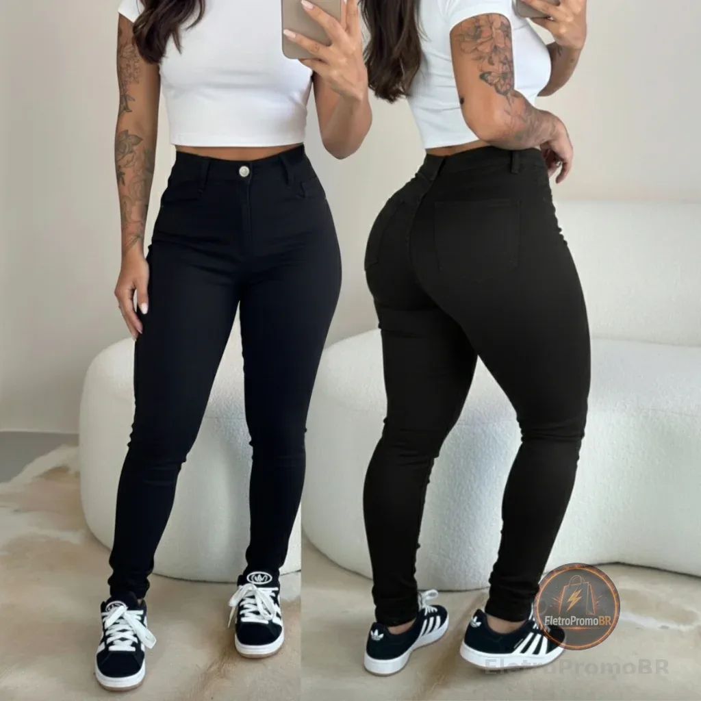 Calça Preta Jeans Feminina Skinny Elastano Empina Bumbum
