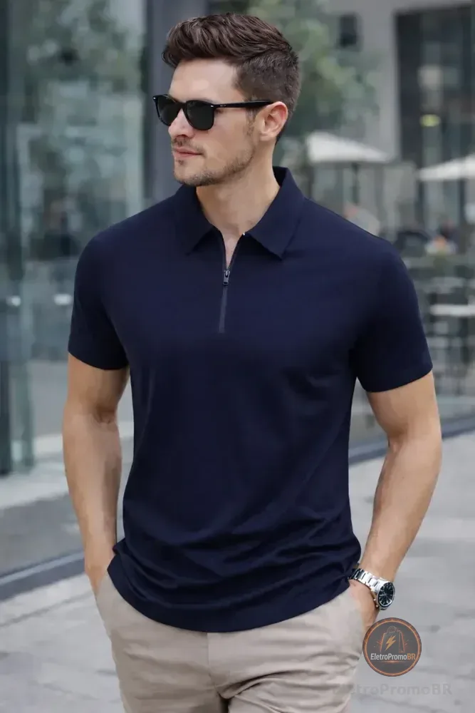 Camisa Polo Zíper Masculina Slim Fit Tecnológica Azul-marinho Liso P