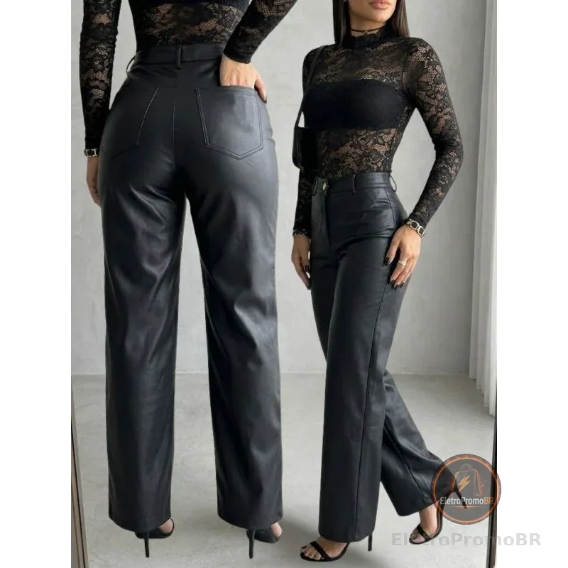 Calça Couro Fake Feminina Cintura Alta Wide Leg Pantalona Couro Ecológico Premium