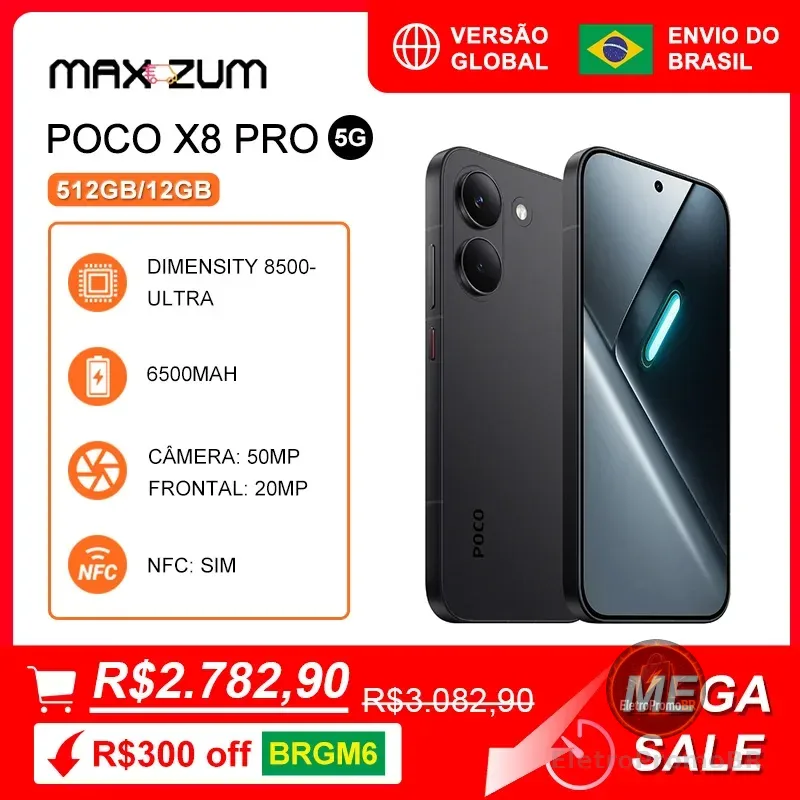 Poco X8 PRO 5G, 512GB/12GB, MediaTek Dimensity 8500-Ultra, Bateria de 6500mAh, Câmera de 50MP, Versão Global