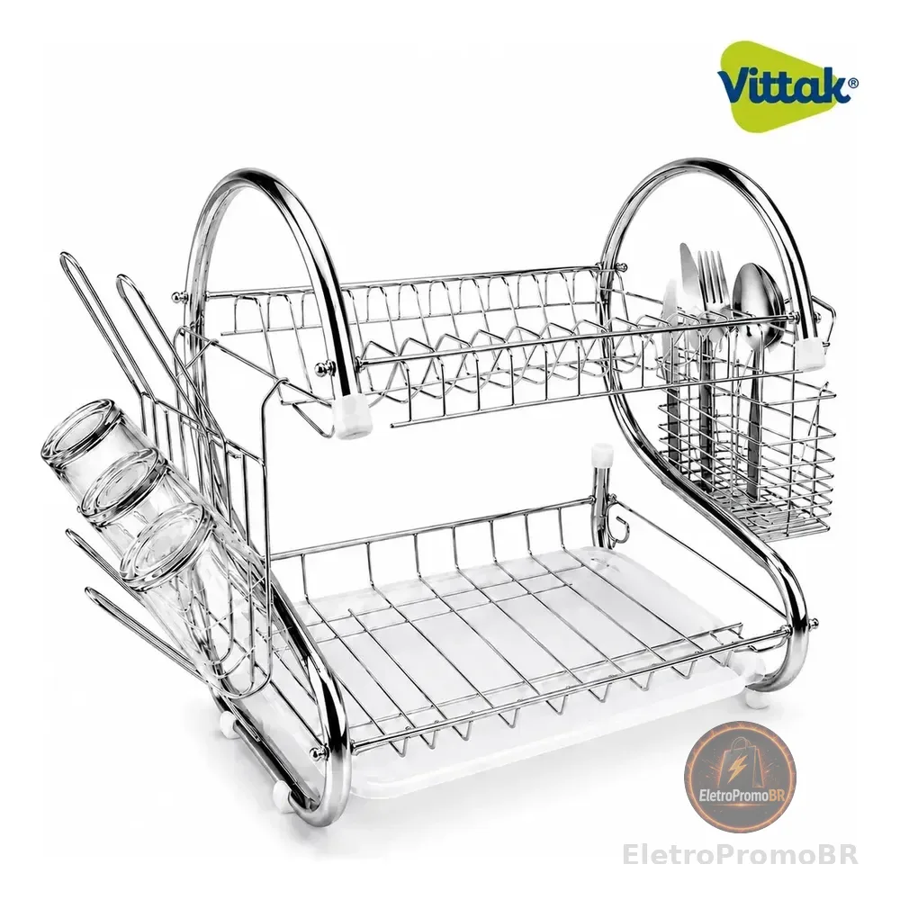 Vittak Escorredor Duplo De Louça Para 14 Pratos Talheres Com Bandeja Inox Cozinha Prateado