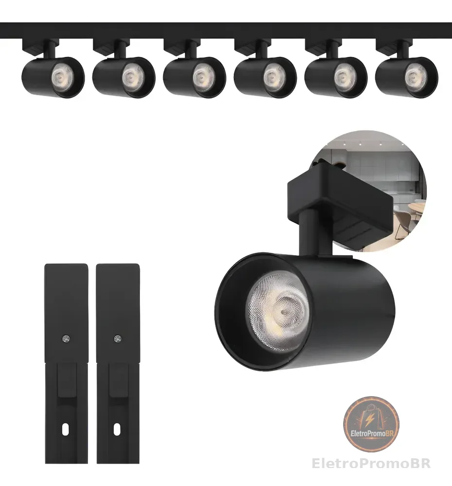 Kit Trilho Eletrificado 2m Preto + 6 Spots Led 10w Luz Frio 110v/220v (bivolt) Preto