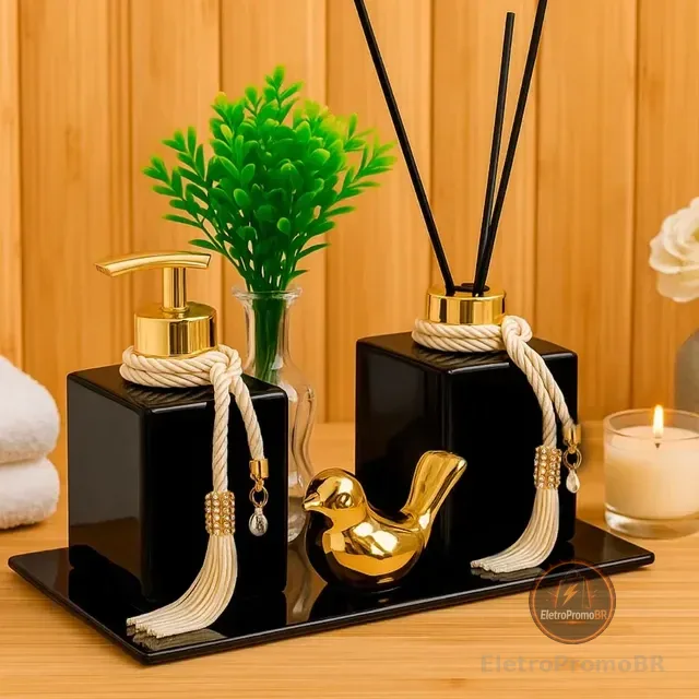 Kit Lavabo Luxo C/ Vasinho Porta Saboneteira E Aromatizador