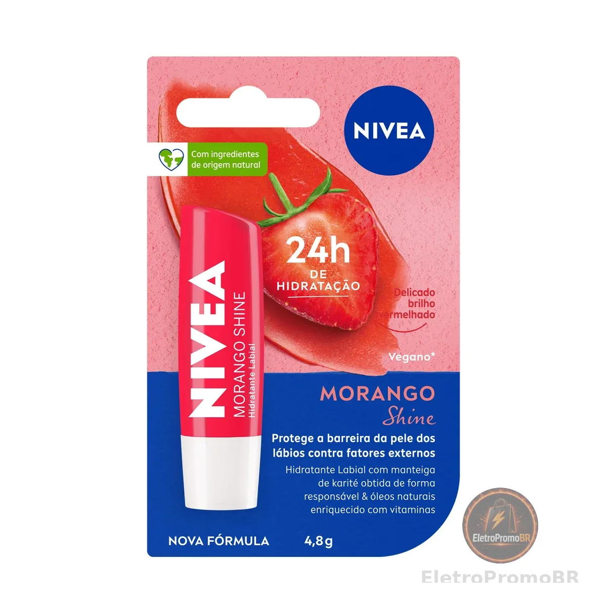 NIVEA Hidratante Labial Morango Shine 4,8g - Cuidado intensivo para seus lábios, hidratação prolongada, delicioso aroma de morango, pigmentos brilhantes e cor delicada