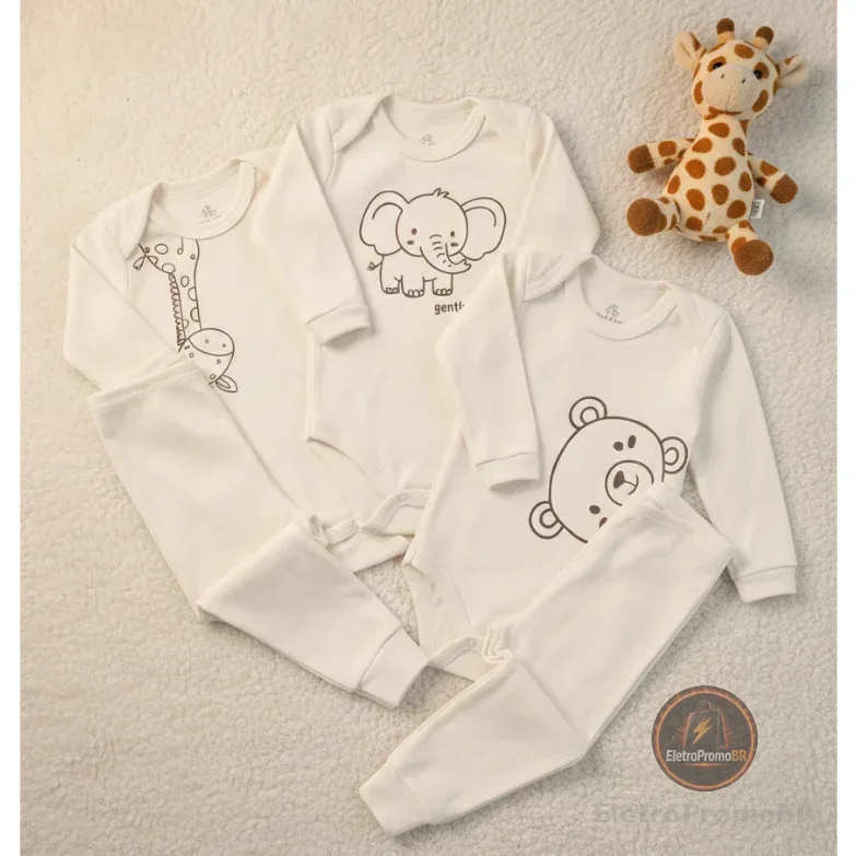 Conjunto Bebê Body + Calça Suedine 100% Algodão Minimalista Coleção Safari Neutro Unissex RN ao GG