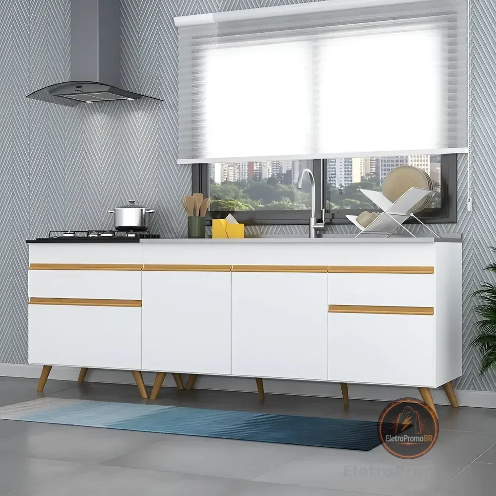 Kit 2 Balcões - Gabinete para Pia 1,50 e Balcão para Cooktop 70cm Veneza GW Multimóveis MP2073 Branco