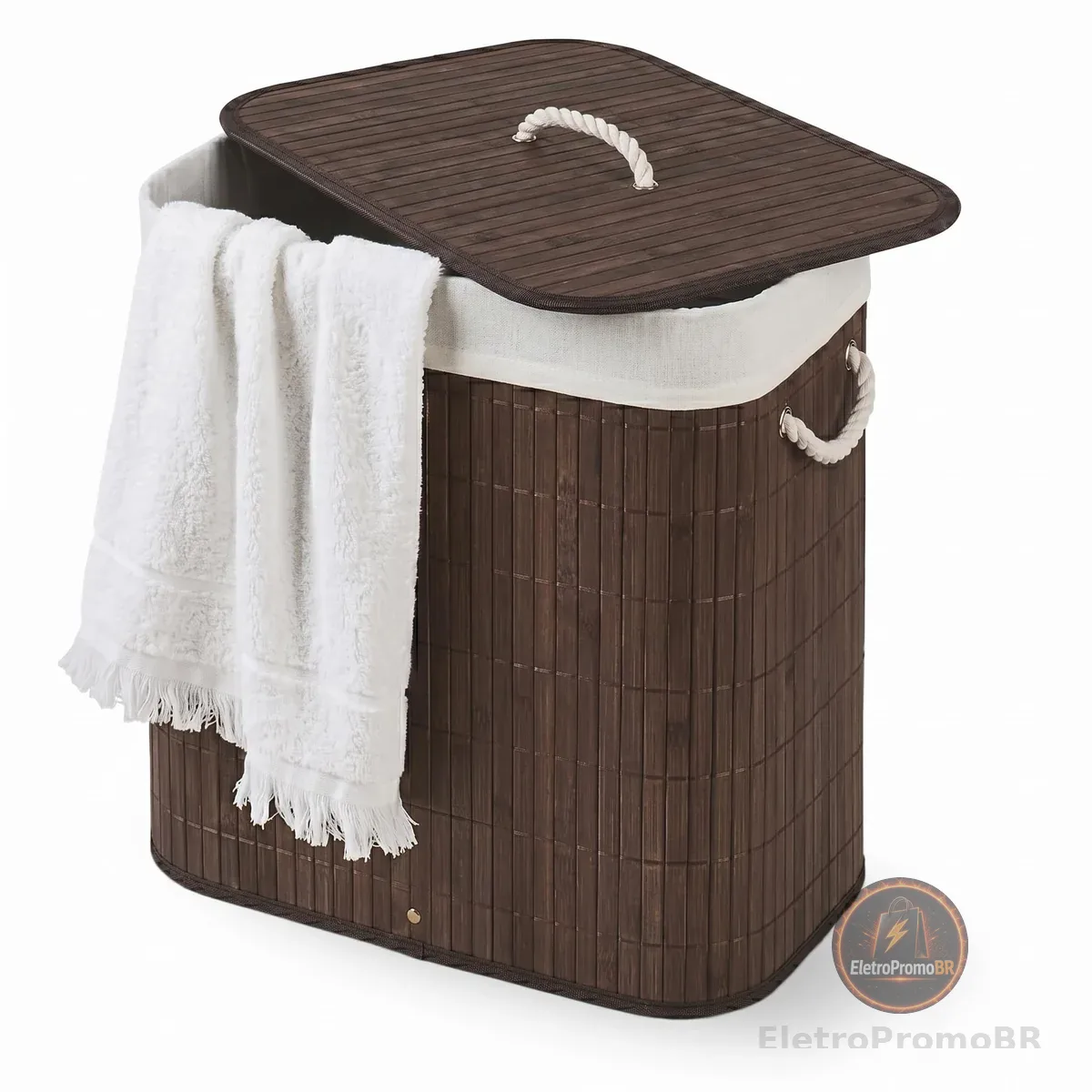 Cesto De Roupa Suja com Alças Em Bambu Com Tampa Forrado Banheiro Lavanderia Quarto