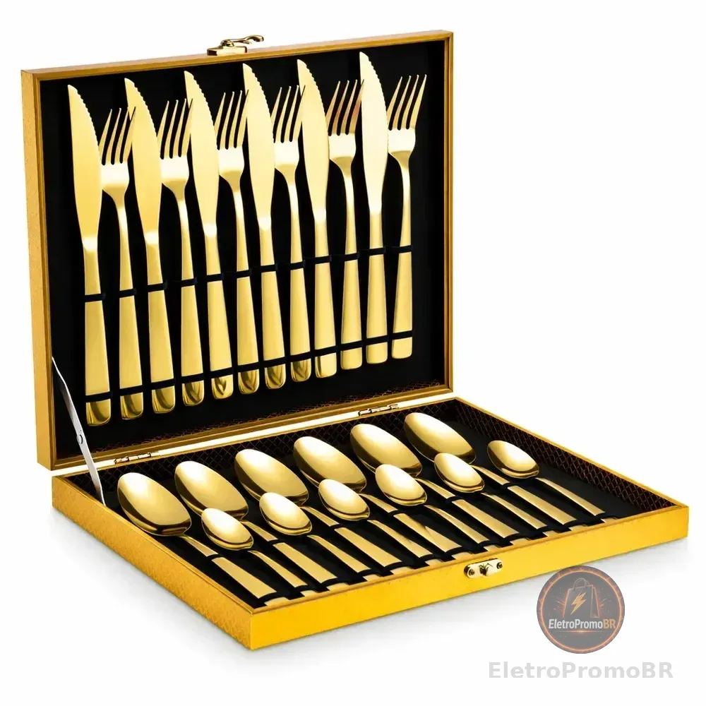 Eps-158 Kit Faqueiro Dourado Luxo Jogo Talheres Inox 24pçs + Maleta Sem Estampa