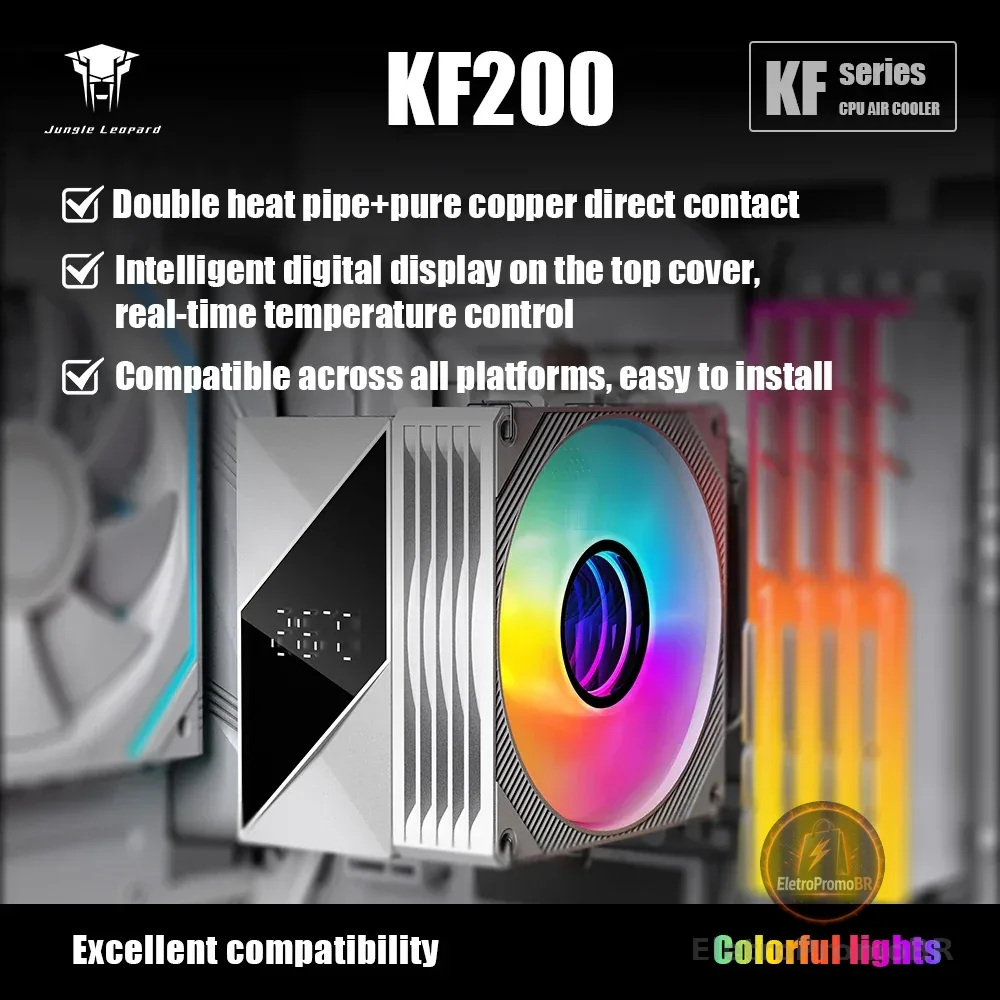 Cooler de CPU Silencioso Jungle Leopard KF200 DGT com 2 Tubos de Cobre e Ventoinha RGB LED para Gabinete de PC, Cooler de Ar para Processador de Desktop