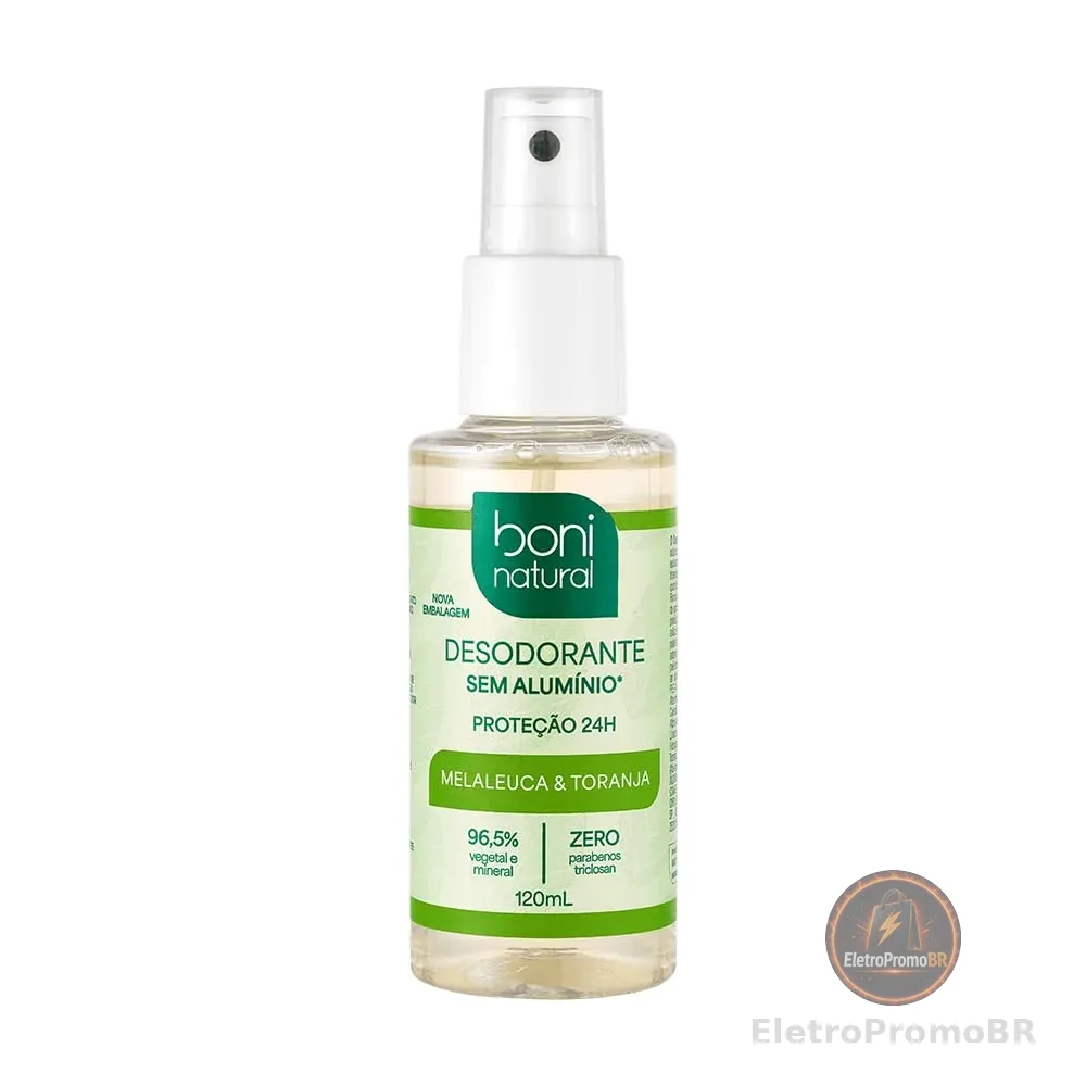 Desodorante Natural e Vegano com óleos essenciais de Melaleuca e Toranja, 24h de proteção, Sem Alumínio, Sem Parabeno, Boni Natural, Transparente