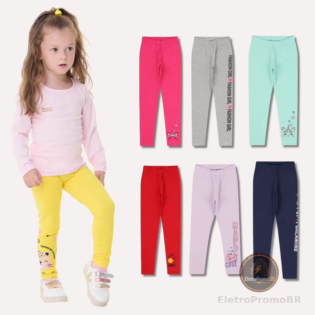 Kit Sortido de 3 Calças Leggings de Cotton para Meninas Tamanho 2 ao 10 Roupa Infantil Menina Bebê