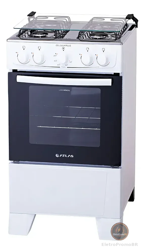 Fogão de chão Atlas Coliseum Plus A Gás 4 queimadores Branco com Mesa de Inox Porta com visor e Forno de 50 Litros