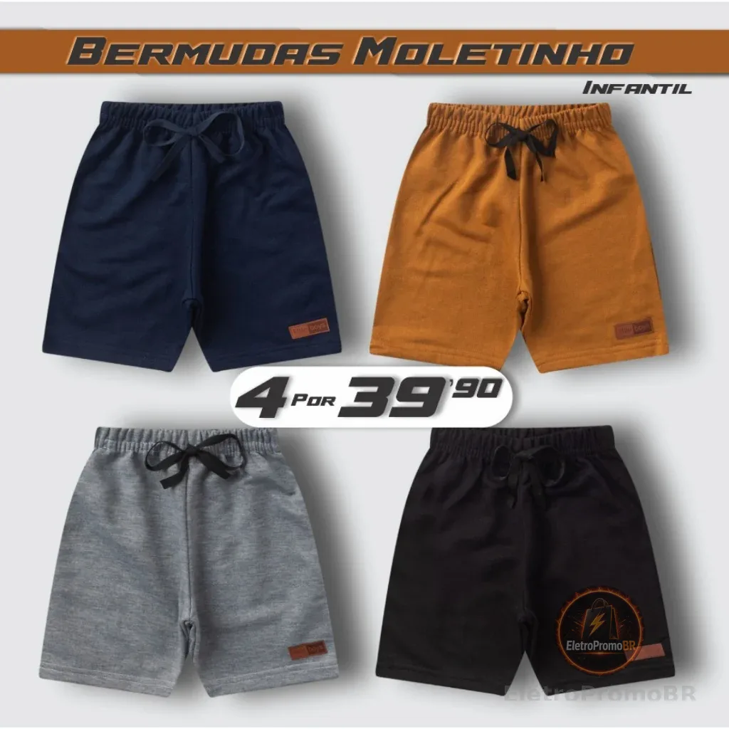 Kit 4 Bermudas Moletinho Infantil Menino Algodão Cores Sortidas M Bebê ao 14 Anos Infantil Juvenil