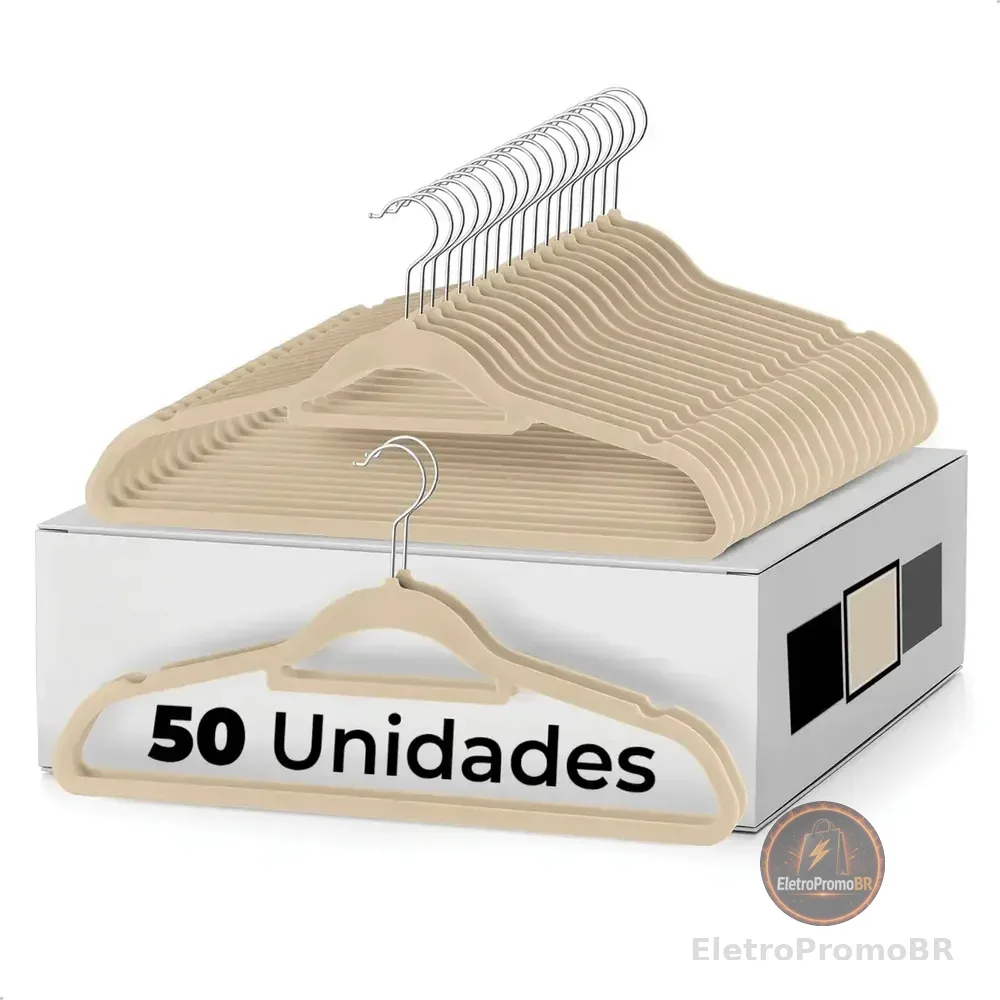 Vittak Kit 50 Cabides Veludo Adulto Slim Antideslizante Organizador Roupas Cor Bege