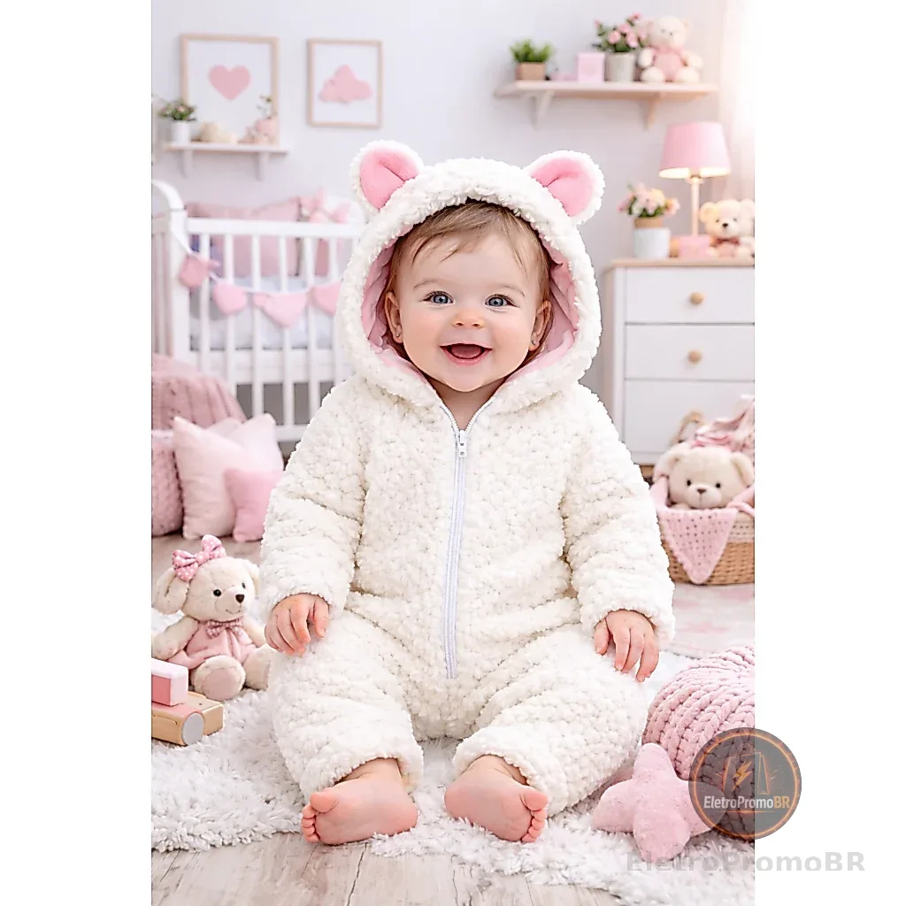Macacão Bebê Menino e Menina Ursinho Sherpa Pele de Carneiro Infantil Quentinho Soft
