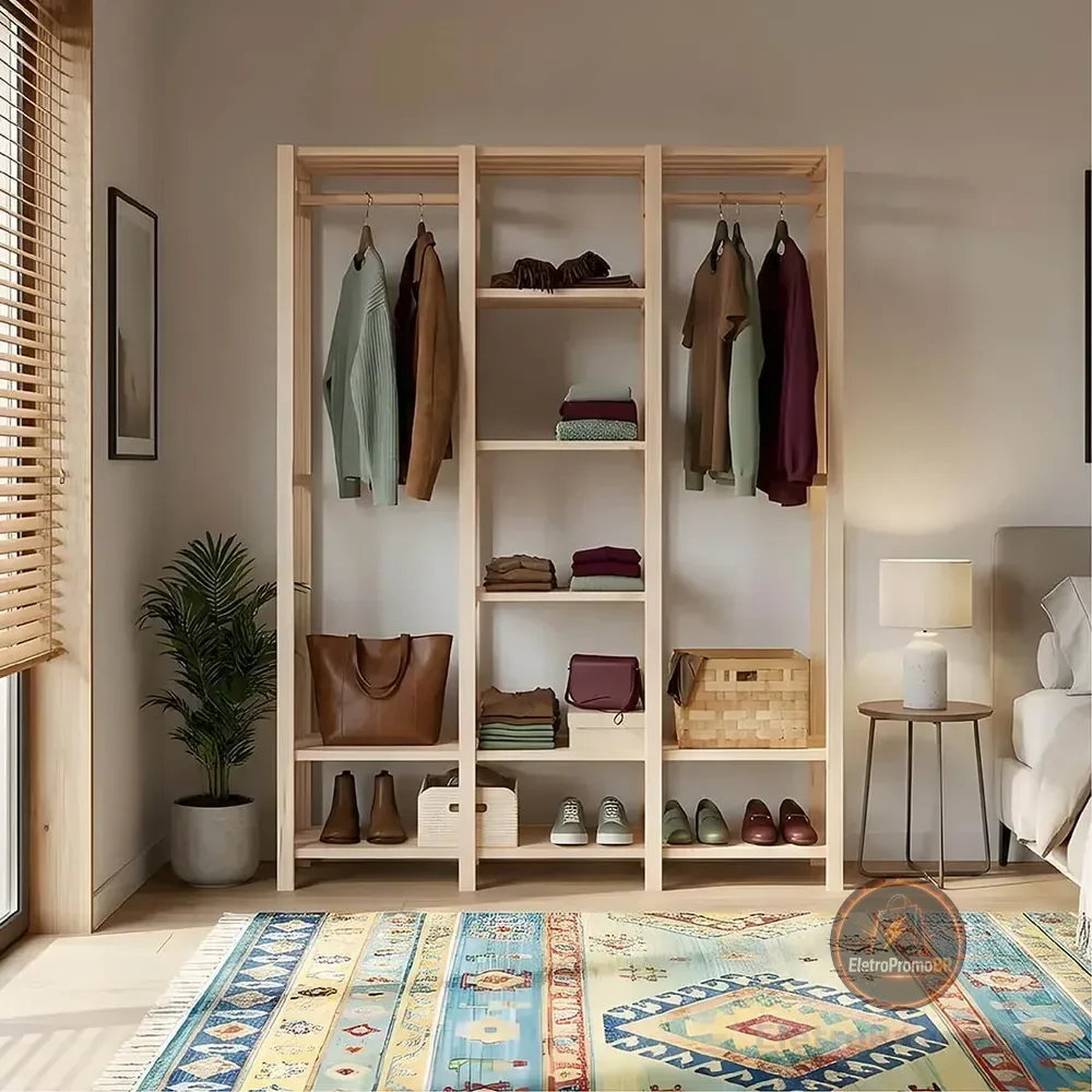 Closet Aberto Guarda Roupas Arara Cabideiro Com Prateleiras Natural