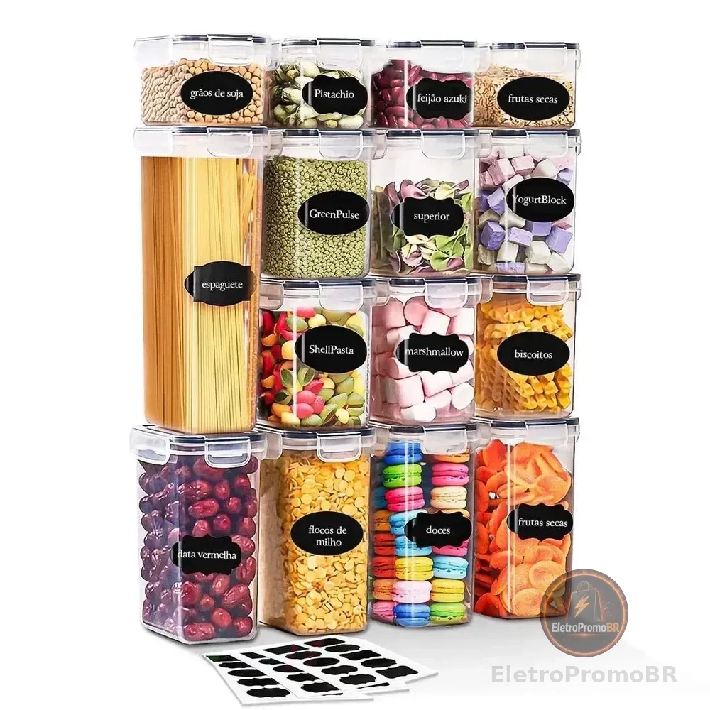Kit 15 Potes Herméticos - Bpa Free Organizador Com Tampa Para Alimentos, Empilhável, Porta Mantimentos