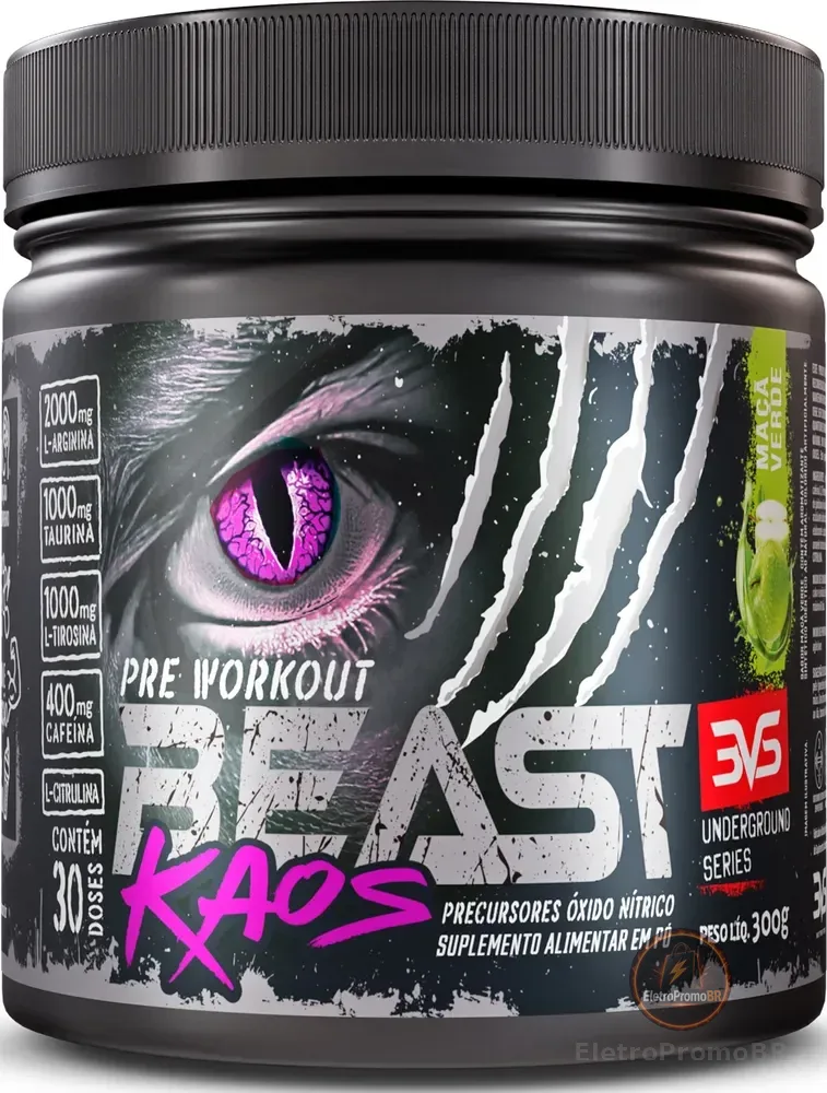 PRÉ TREINO BEAST KAOS 300g - Sabor Maçã Verde - Extra Forte com Citrulina, Beta Alanina, Cafeína, Arginina, Taurina e Tirosina