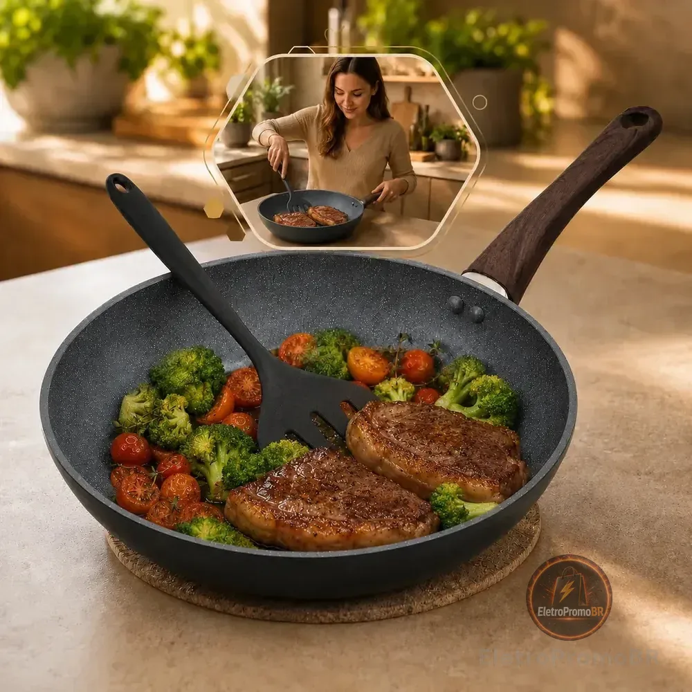 Frigideira Antiaderente Cerâmica Revestimento 24cm + Espatula De Silicone Alumínio Premium Praticidade Indução Cooktop Gás Cozinha Moderna Preparação Cor Preto