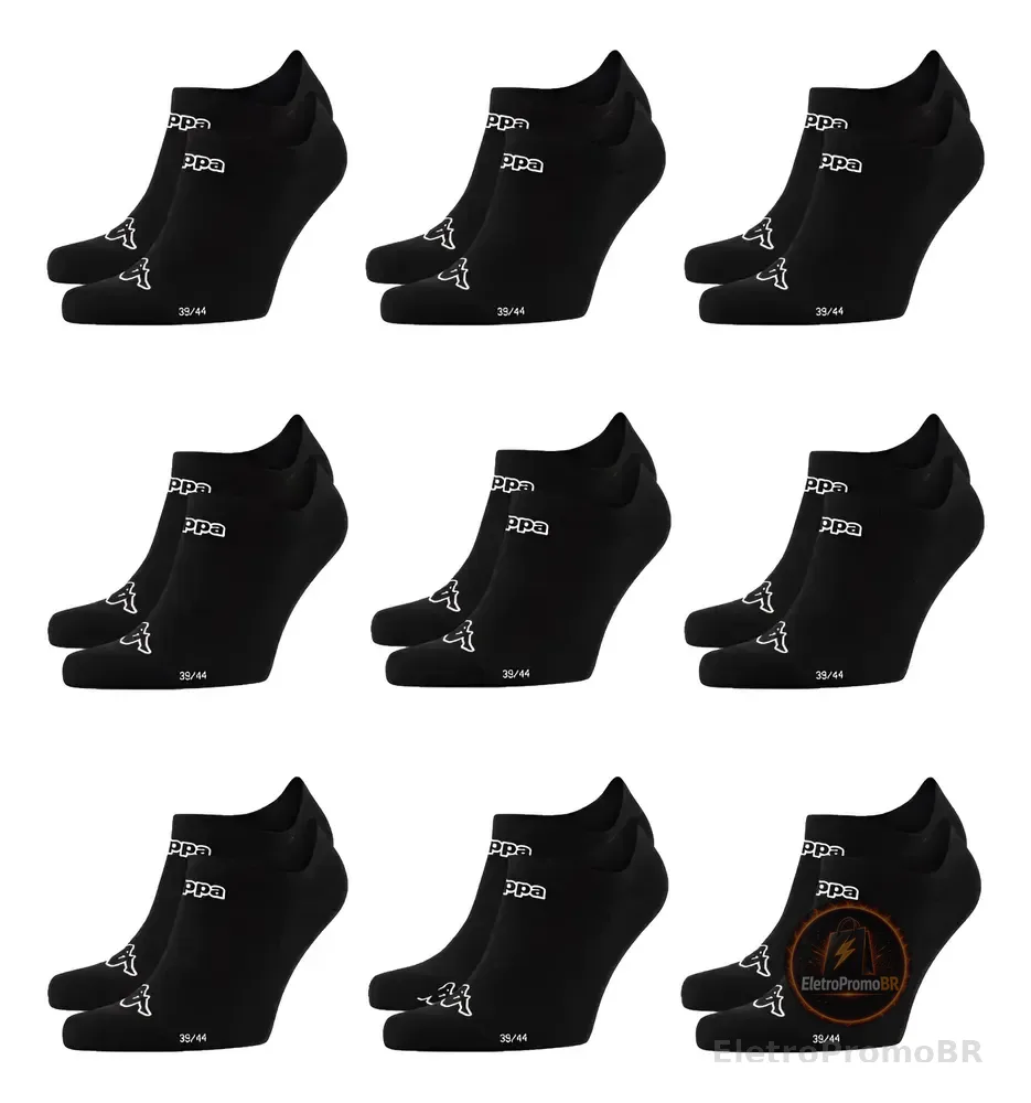 Meias Kappa Kit 9 Pares Sapatilha Soquete Invisível Original Preto 38-43