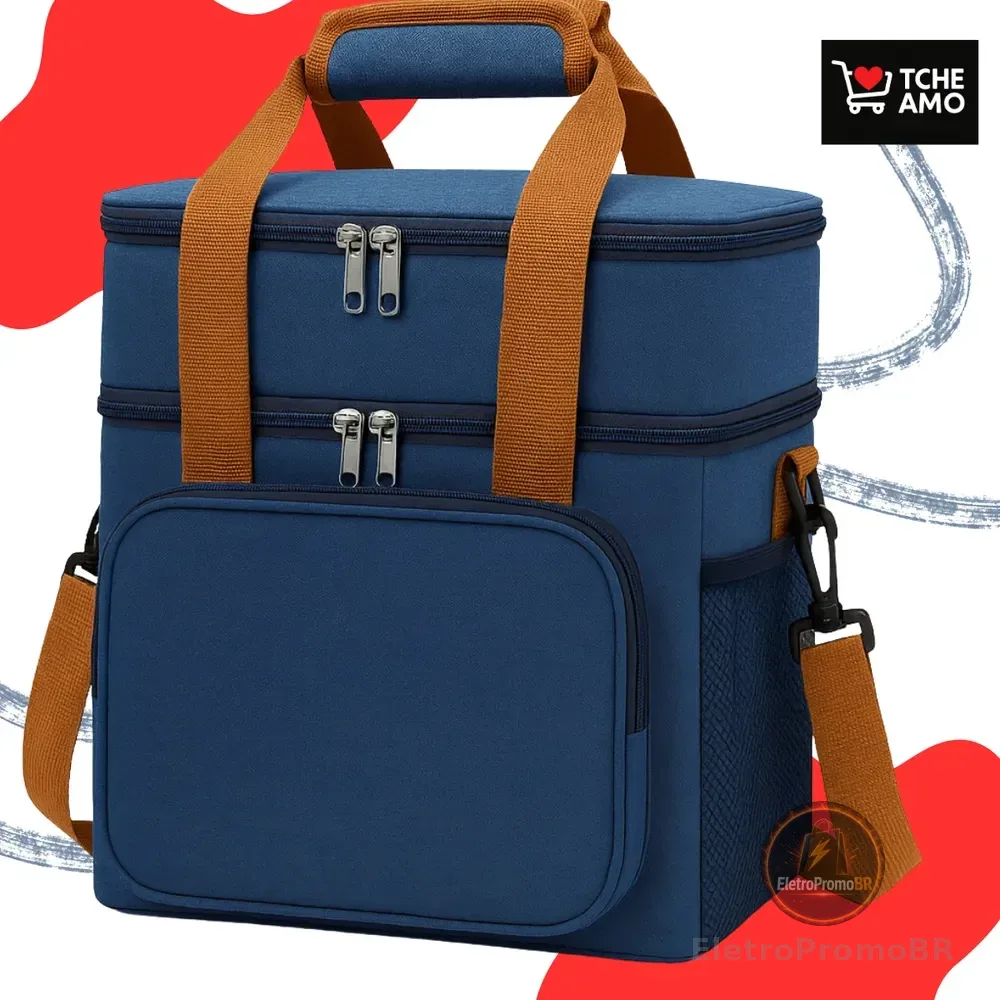 Bolsa Térmica Marmita Tche Amo 13.5 L Alça Transversal Ajustável Removível 2 Compartimentos Organiza Conserva Seus Alimentos Quente ou Frio Cor Azul