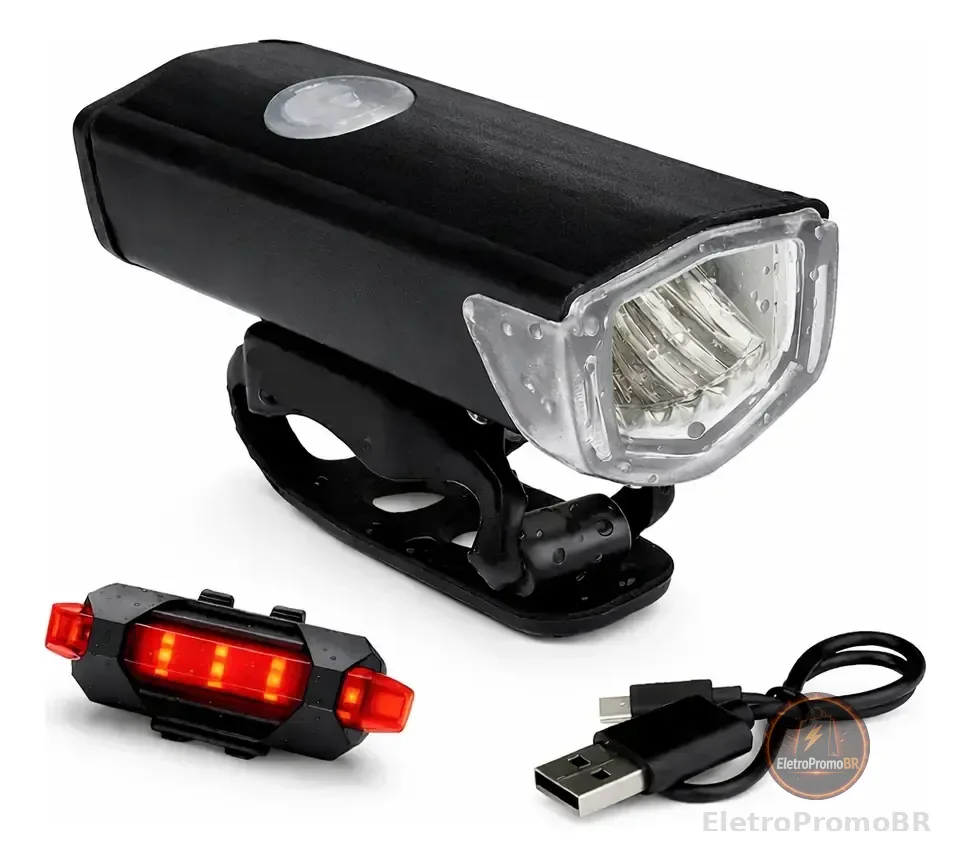Kit Farol E Lanterna Recarregável Led 400 Lúmens Usb Bike Preto