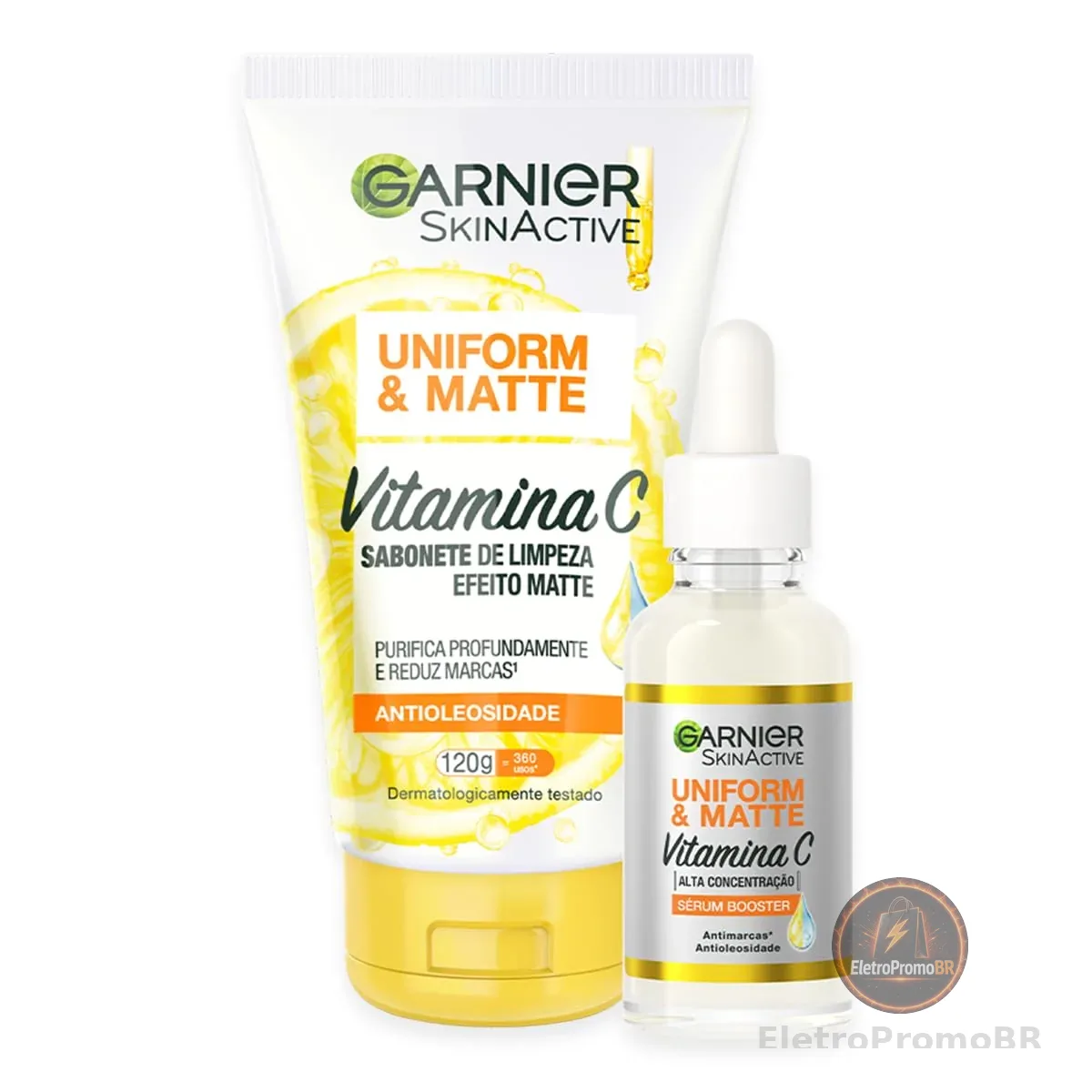 Garnier Uniform & Matte, Kit Skincare Creme de Limpeza Facial Vitamina C 120g e Sérum Booster Antimarcas 15ml, Efeito Peeling, Reduz Marcas e Oleosidade, Pele Uniforme e Hidratada