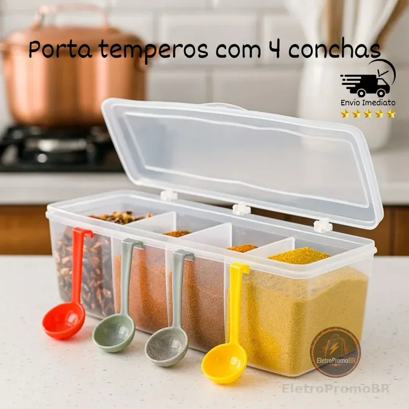 Pote Porta Temperos Porta Condimentos com 4 conchas. Organizador com 4 divisórias