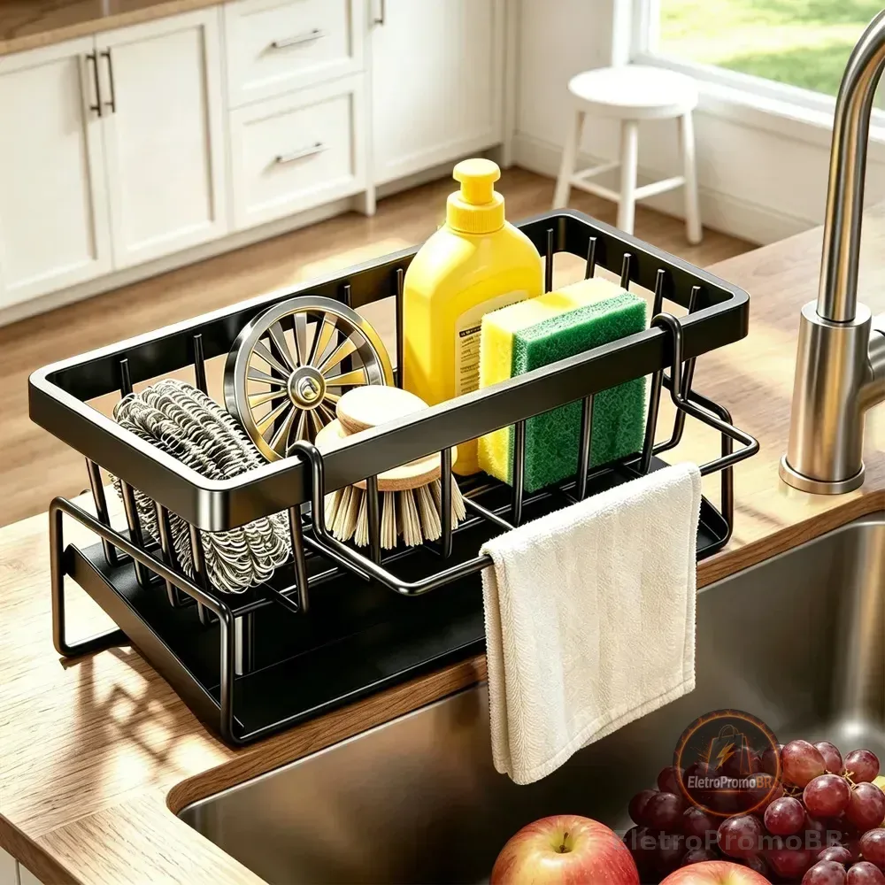 Porta Esponja Luctec Organizador Pia 2 Compartimentos Preto Preto