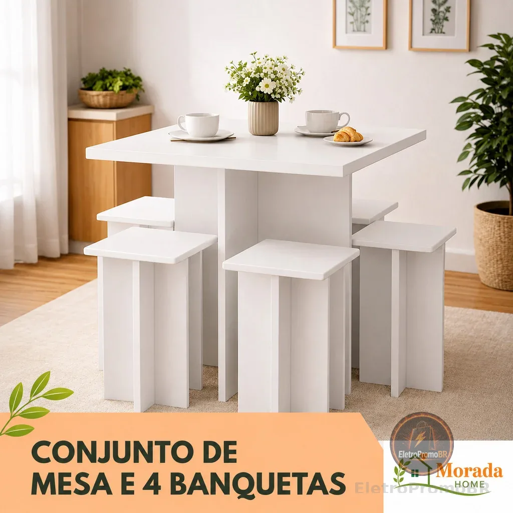 Mesa de Jantar Compacta com 4 Bancos para Cozinha, Kitnet e Espaços Pequenos