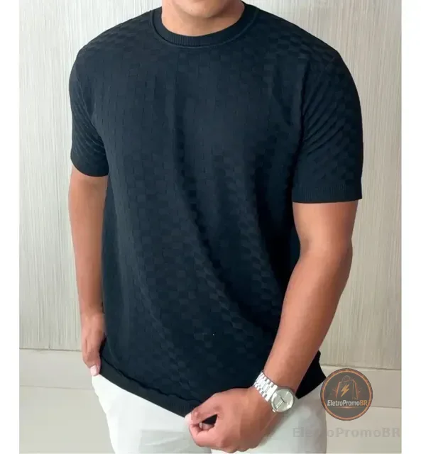 Camiseta Masculina Manga Curta Xadrez Tricô Leve Elegante