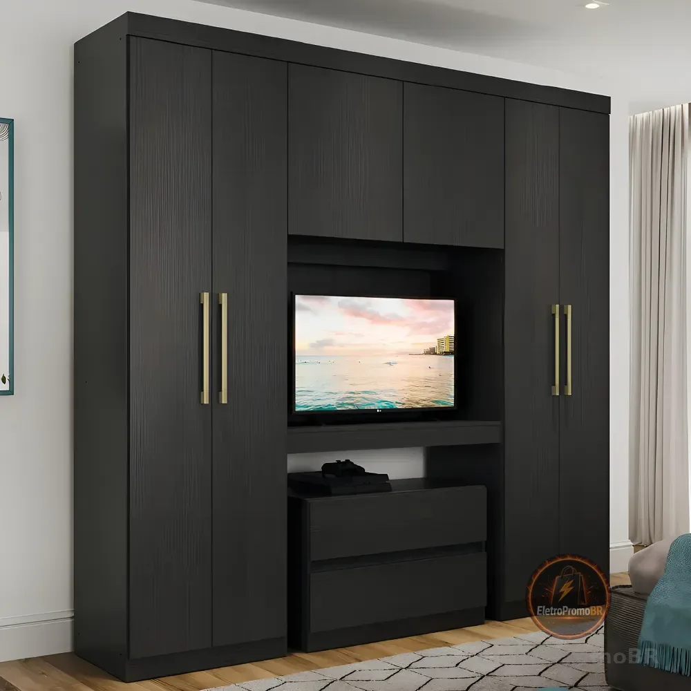 Guarda Roupa Casal 6 Portas 2 Gavetas Porto Carraro Preto
