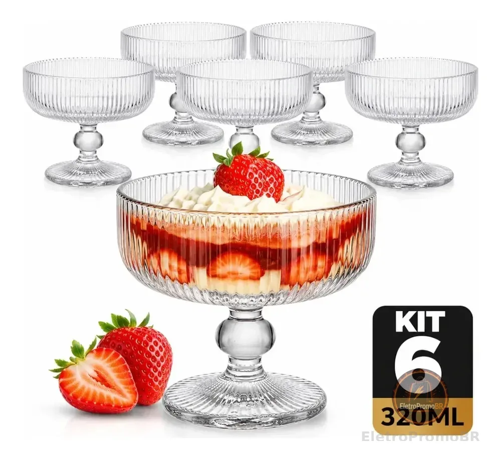 Conjunto 6 Taças Vidro Canelado Sobremesa Luxo 320ml