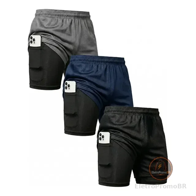Kit 3 Shorts 2 Em 1 Duplo Bolso Para Academia Treino Corrida