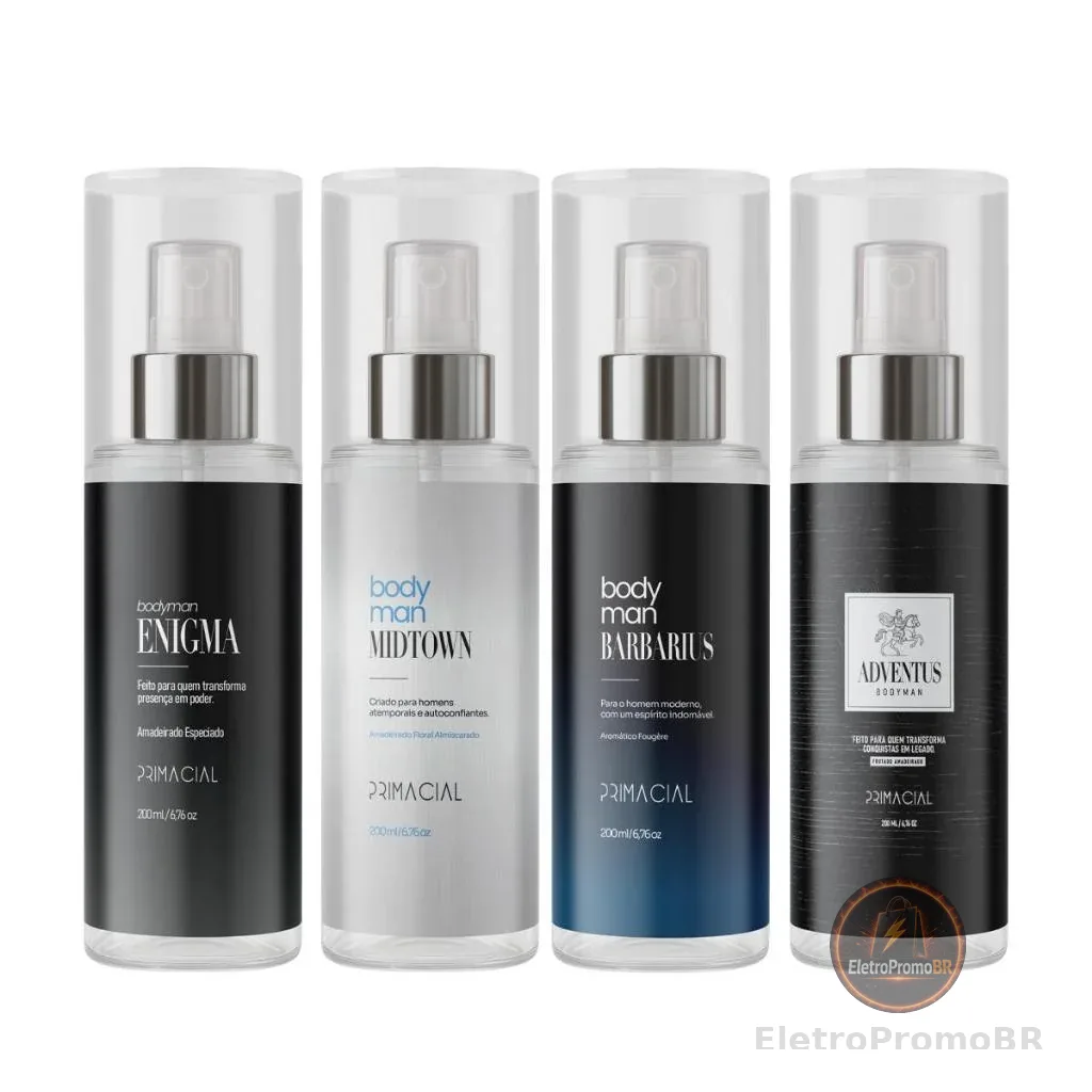 KIT BODY SPLASH MASCULINO ENIGMA + MIDTOWN + BARBARIUS + ADVENTUS 200ML - PRIMACIAL