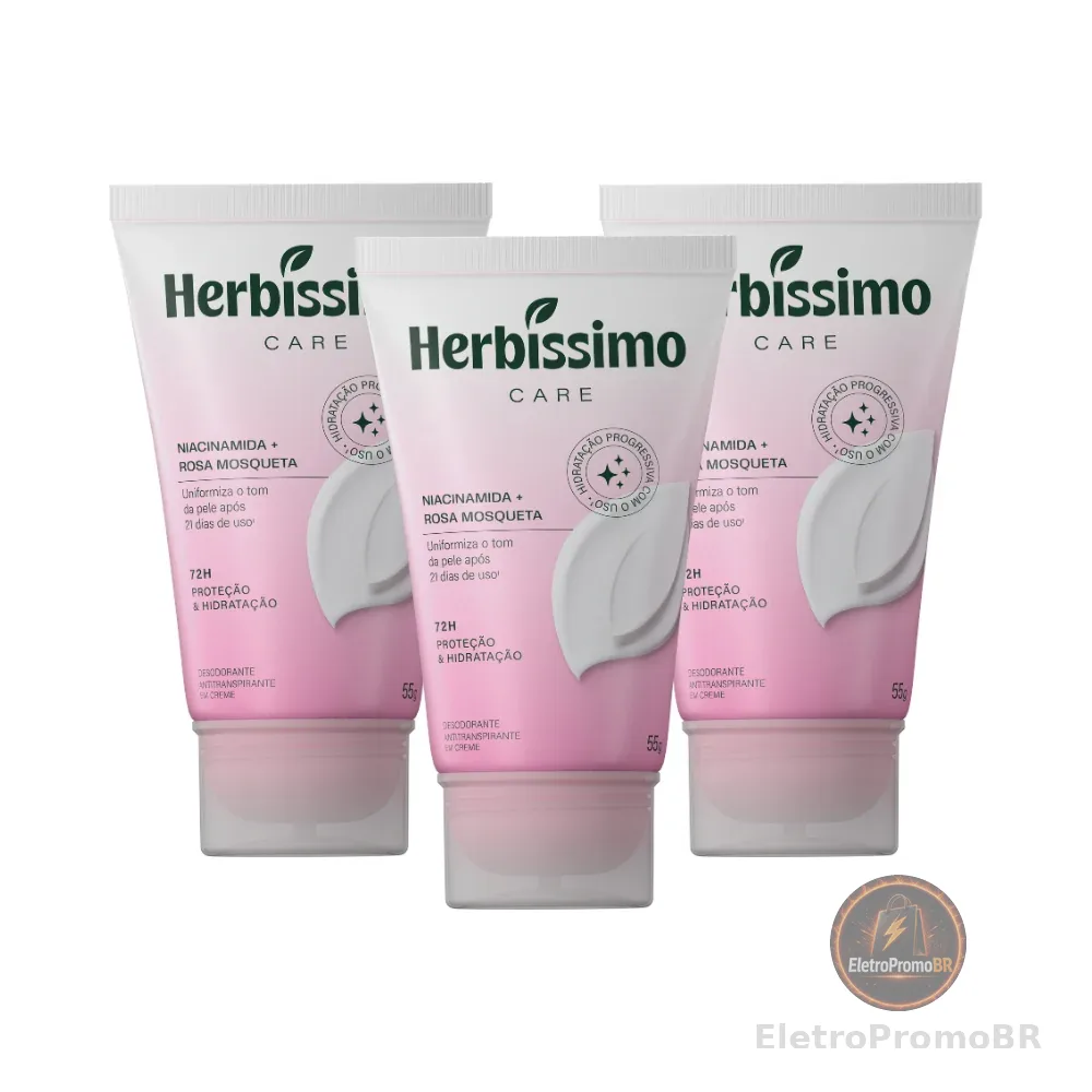 Kit Creme Desodorante Antitranspirante Herbíssimo Care Rosa Mosqueta E Niacinamida Bisnaga 55g (3 unidades)
