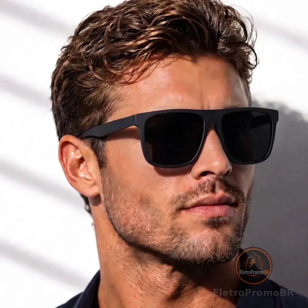 Oculos De Sol Masculino Quadrado + Case Com Proteção Uv400 Quadrado Armação Preta / Lente Preta / Quadrado