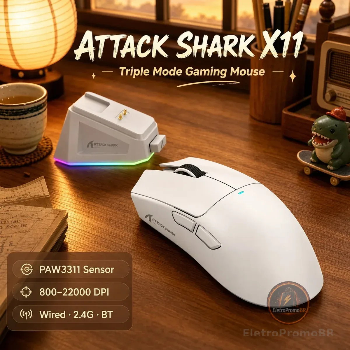 Mouse para jogos sem fio Attack Shark X11 X11SE de 3 modos, PAW3311, 22000 DPI, 400IPS, mouse para jogos para PC