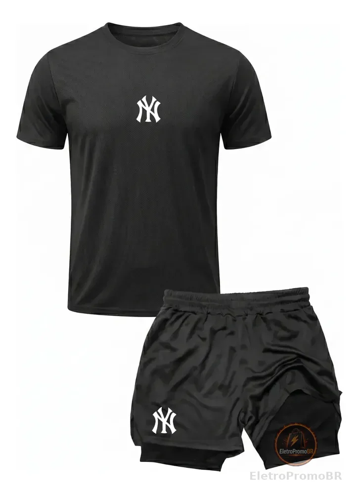 Conjunto Academia Camiseta Dry Fit + Short 2 Em 1 Símbolo Ny Preto M