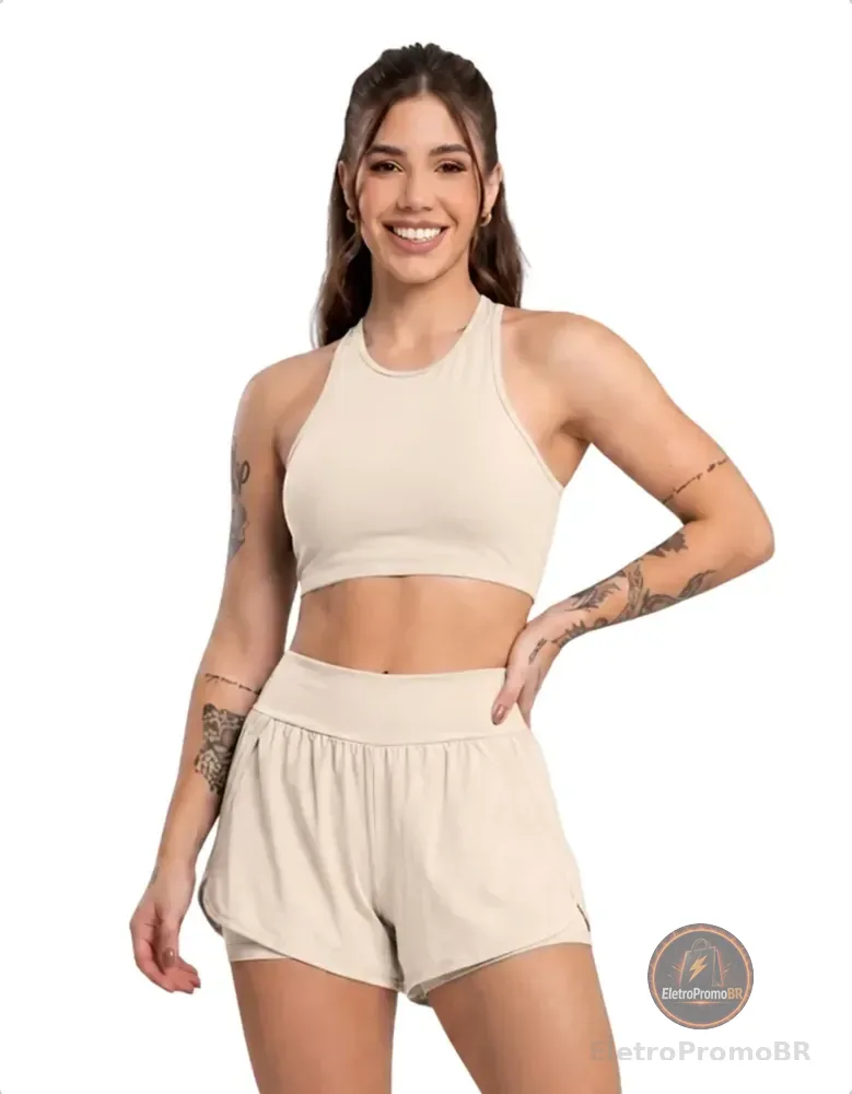 Conjunto Fitness Top Short Corrida Academia Feminino Treino Bege Liso G