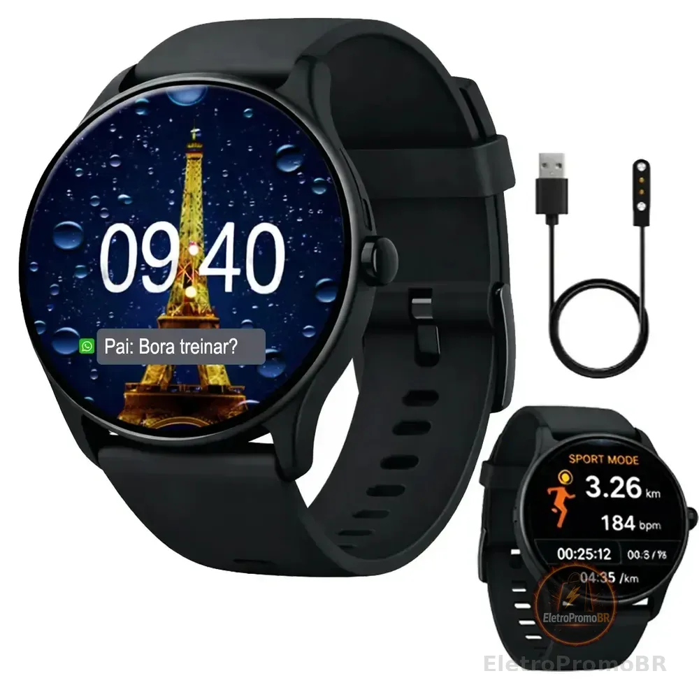 Relógio Inteligente Smartwatch Prova D'água Esportivo Redondo Masculino Feminino Allphone Lançamento 2026 Preto
